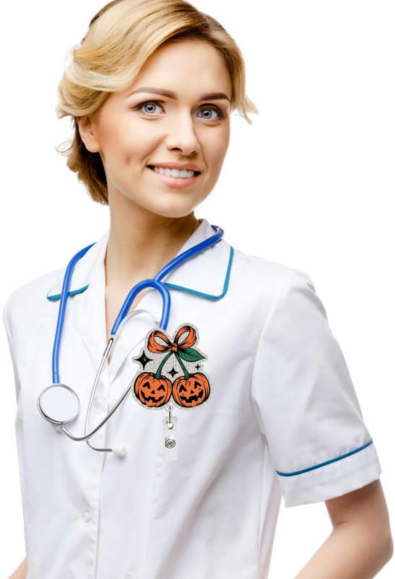 NSSHEL Halloween Cute Pumpkin Badge Reel Holder Retractable for Nurse Nursing Medical Worker & Teacher Pumpkin Bow Badge Reel with Alligator Clip & Durable Nylon Cord Acrylic Name Tag Card Badge Clip - Image 4